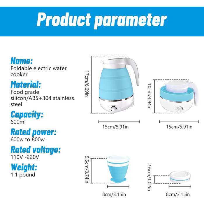 Складаний електричний чайник, електричний електричний чайник, портативний силіконовий туристичний чайник для води 0,6 л з 2 складними чашками, ручка регулювання температури, міні-електричний чайник з основою з нержавіючої сталі для кемпінгу, подорожей (си