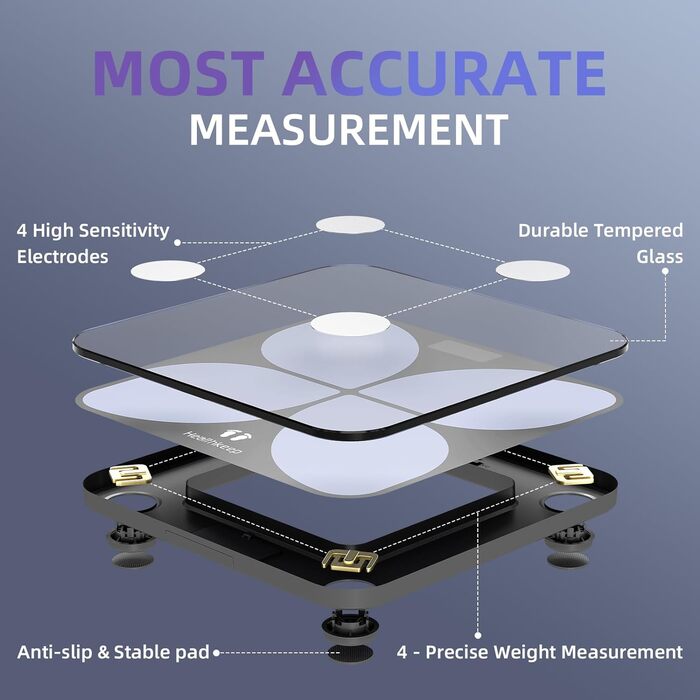 Ваги жиру в організмі, ваги для ванної кімнати Bluetooth із додатком, розумні цифрові ваги для жиру в організмі, ІМТ, ваги, м'язової маси, води, білка, скелетних м'язів, ваги кісток, BMR, чорний (260 чорний)