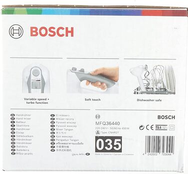 Ручний міксер Bosch ErgoMixx MFQ36440, 2 вінчика, 2 гачка для тіста з нержавіючої сталі, блендер, чашка, можна мити в посудомийній машині, 5 рівнів плюс турбошвидкість, 450 Вт, білий