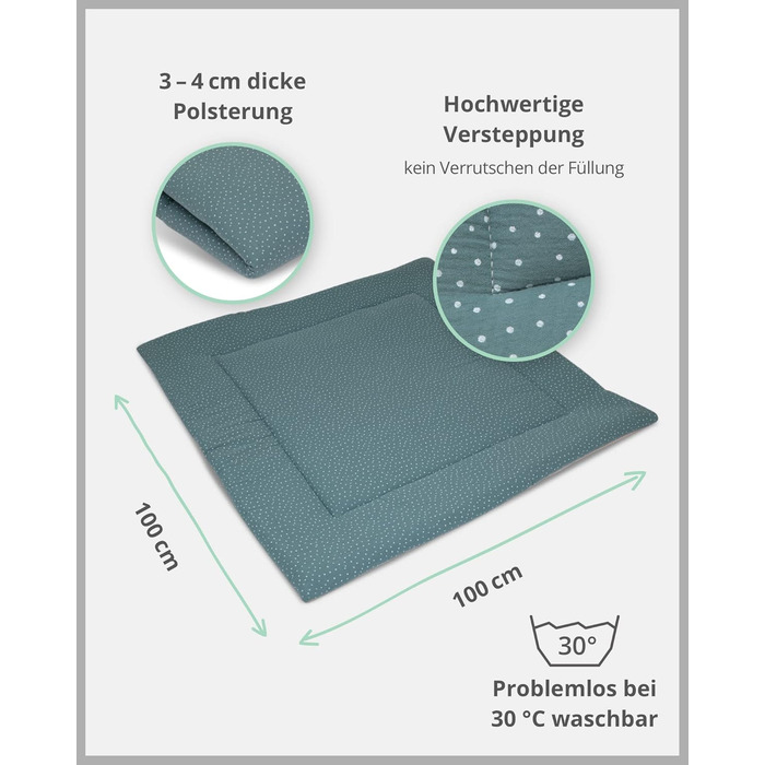 Дитячий ігровий килимок 100x100 см з м'якою оббивкою (Зроблено в ЄС) - Ігровий килимок для дитини зі 100 бавовни Oeko-TEX, ідеально підходить як дитяча ковдра, манеж-вкладиш та ігрова ковдра (мусліновий шавлія зелений, 120 x 120 см)