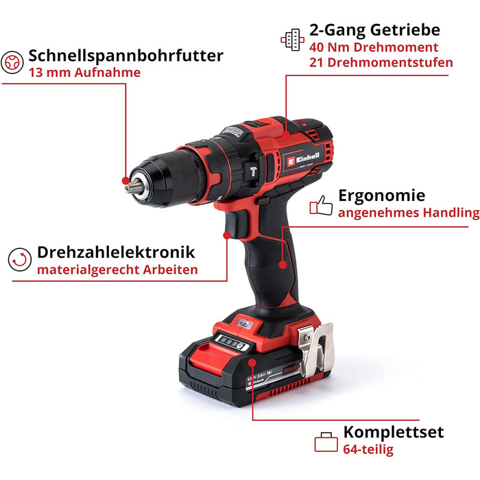 Набір акумуляторних комбінованих дрилів Einhell TE-CD 18/40 Li-i 64 Power X-Change 2x2.0 Ah