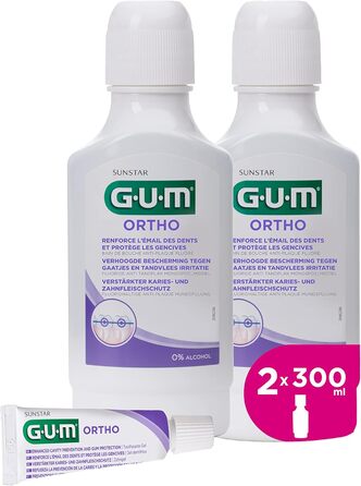 Ополіскувач для порожнини рота GUM ORTHO Спеціально для тих, хто носить брекети Зменшує утворення зубного нальоту зміцнює зубну емаль без алкоголю Смак м'яти перцевої 2 x 300 (з 1 безкоштовним зразком)