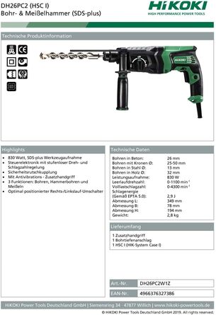 Ударний дриль-шуруповерт HiKOKI DH26PC2 (830 Вт, 2,9 Дж, регулювання швидкості удару, антивібраційна ручка, кейс для транспортування)