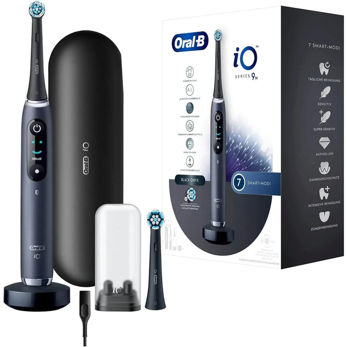 Електрична зубна щітка Oral-B iO Series 9, 2 щітки, 7 режимів чищення, догляд за зубами, магнітна технологія, кольоровий дисплей, зарядний дорожній кейс, чорний онікс