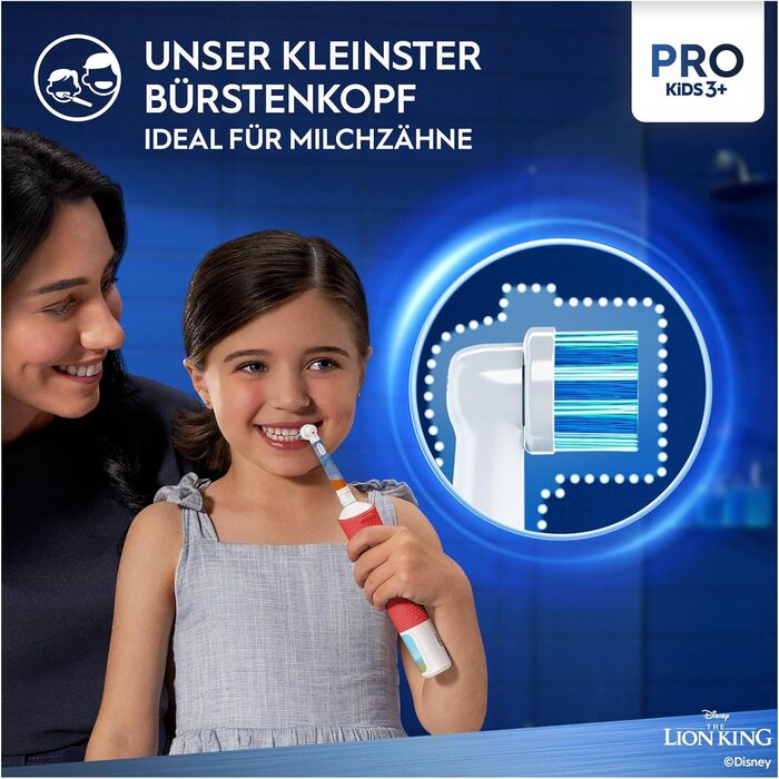 Електрична зубна щітка Oral-B Pro Kids Lion King для дітей від 3 років, включаючи режим Sensitive для догляду за зубами, надмяку щетину, 1 насадку для щітки, 4 наклейки