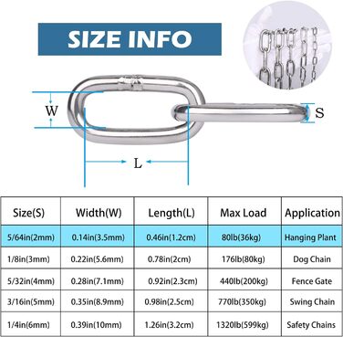 Подовжувач ланцюга Hannger з нержавіючої сталі - 5 м 3 мм Металеві підвісні котушки безпеки Міцний ланцюг до 80 кг Завантажуваний для тіньових вітрил Прикраса огорожі Намисто для собак Орнамент ліхтаря Повітряна йога (3 метри 2 шт. и, Ø 2мм)