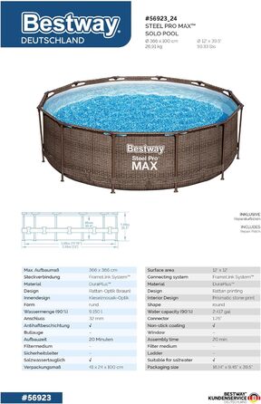 Змінний каркасний басейн Bestway Steel Pro MAX без аксесуарів Ø 366 x 100 см, Ротанговий вигляд (шоколадно-коричневий), Круглий