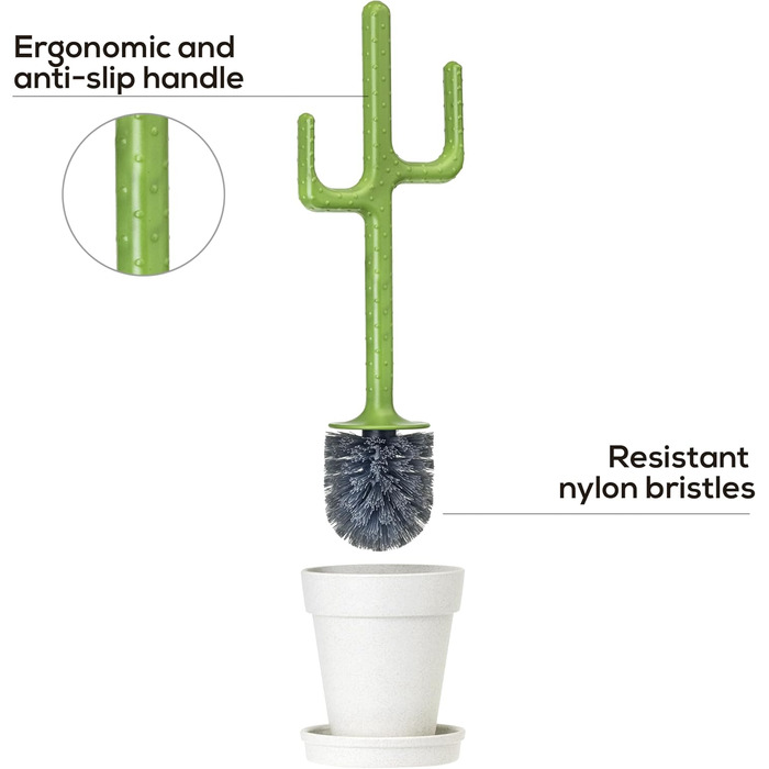 Набір щіток для туалету - наддовга ручка - 12,5 x 11,5 x 39 см - колекція кактусів - підставка для горщика з блюдцем - міцна щетина - зелений