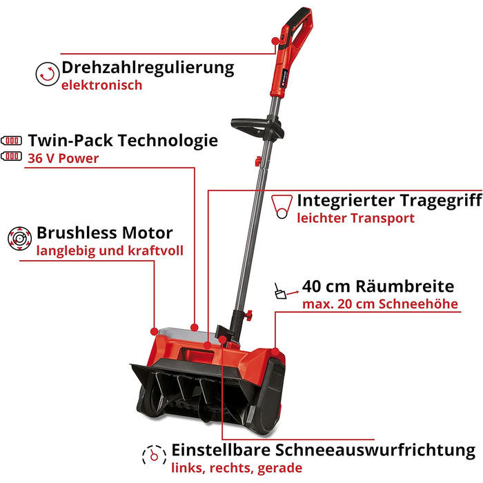 Акумуляторний снігоприбирач Einhell GE-ST 36/40 Li E-Solo Power X-Change (Li-Ion, 36 В, робоча ширина 40 см, максимальна глибина снігу 20 см, поставка без акумуляторів і без зарядних пристроїв)