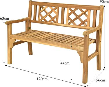 Складна дерев'яна лавка GYMAX на 2 міса, садова лавка вантажопідйомністю до 320 кг, лавка з підлокітниками і спинкою, з дерева акації, 120 х 56 х 90 см, для саду, балкона, тераси