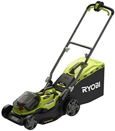 Гібридна газонокосарка Ryobi (живлення від акумулятора / мережі, ширина зрізу 37 см, в комплекті 2 акумулятора 2,5 Ач, травозбірник 45 л, мульчування, регулювання висоти зрізу) RY18LMH37A-225