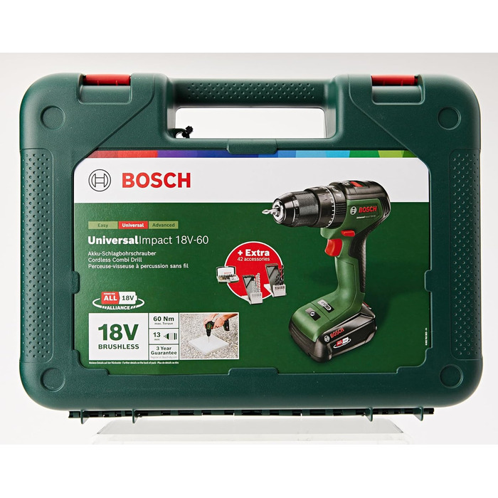 Акумуляторний ударний дриль Bosch UniversalImpact 18V-60 (свердління та загвинчування в деревині та металі або ударне свердління в цегляній кладці 42 свердла акумулятор 2,0 Ач система 18 вольт кейс) - Storeo Edition Green Premium Set 1 акумулятор