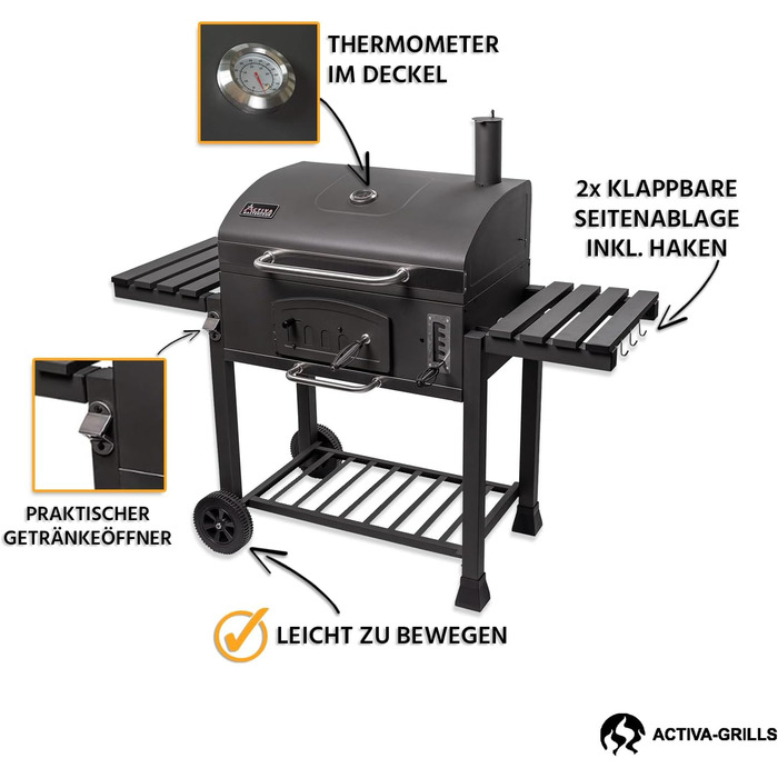 Вугільний гриль ACTIVA Angulatus I Вугільний гриль з кришкою, регульованою вугільною сковородою та термометром I Візок для гриля для успішного барбекю