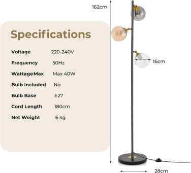 Торшер HOMASIS 162см, торшер з 3-кольоровими сферичними скляними абажурами, торшер з цоколем і ножним вимикачем E27, металевий торшер, лампа для читання для вітальні спальні