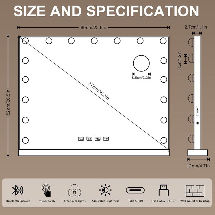Дзеркало для макіяжу Teousev з підсвічуванням, голлівудське дзеркало Bluetooth з 17 світлодіодними лампочками, дзеркало для макіяжу з регулюванням яскравості, 60x50см 50L x 60B см Білий