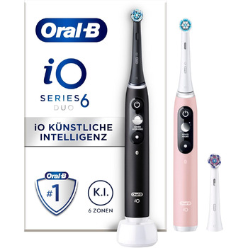 Електрична зубна щітка/електрична зубна щітка Oral-B iO Series 6, подвійна упаковка та 3 щітки, 5 режимів чищення для догляду за зубами, магнітна технологія, дисплей, дизайн Braun, чорна лава/рожевий пісок