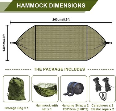 Відкритий гамак FOGARI з москітною сіткою Туристичний кемпінг 260 x 140 см Ультралегкий туристичний кемпінговий гамак Москітна сітка для 2 осіб Вантажопідйомність 300 кг, камуфляж