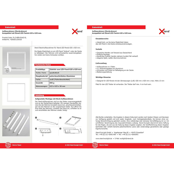 Монтажна рамка Xtend EcoLight 5 шт. для LED панелі 620x620мм 62x62см, колір алюмінію білий для поверхневого монтажу, кліпса, безгвинтова збірка 5 шт.