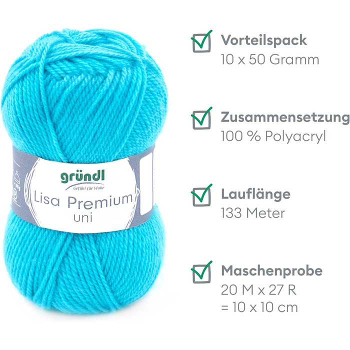 Пряжа Grndl Lisa Premium Uni Knitting & Chet Yarn (м'яка і вовняна пряжа, проста в догляді миється трикотажна пряжа з 100 поліакрилу, 50 г/ 133 м, розмір голки 3,5 - 4,5, 10 клубків по 50 г кожен), (бірюзовий)