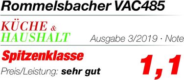 Вакуумний пакувальник ROMMELSBACHER VAC 485 продуктивність екстракції 15 літрів/хв., керування однією рукою, підходить для тривалої роботи, подвійний герметизація шва, 2 рази герметизації, для плівок шириною до 30 см, автоматична приблизно 15 літрів/хв