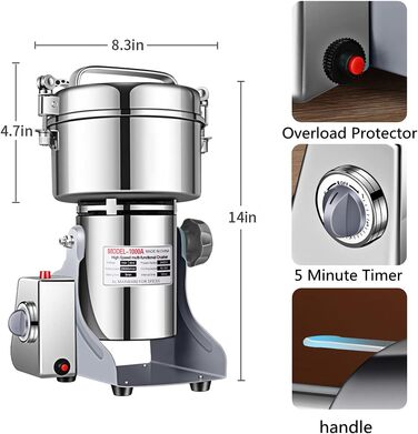 Зерновий млин Електричний млин 1000 г Високошвидкісний граїндер з нержавіючої сталі та комерційний моторний точильний камінь для трав/спецій/горіхів/зерна із захистом від перевантаження