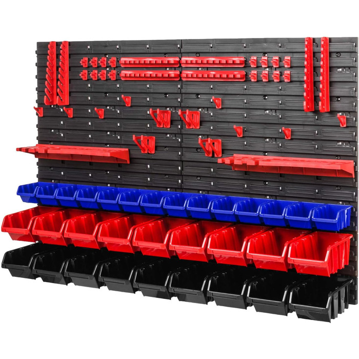 Стелаж для майстерні PAFEN - 1152 x 780 мм - Настінна полиця з ящиками для штабелювання Тримач для інструментів - Стійка для жолоба Настінні плити Extra Strong (синій/червоний/чорний)