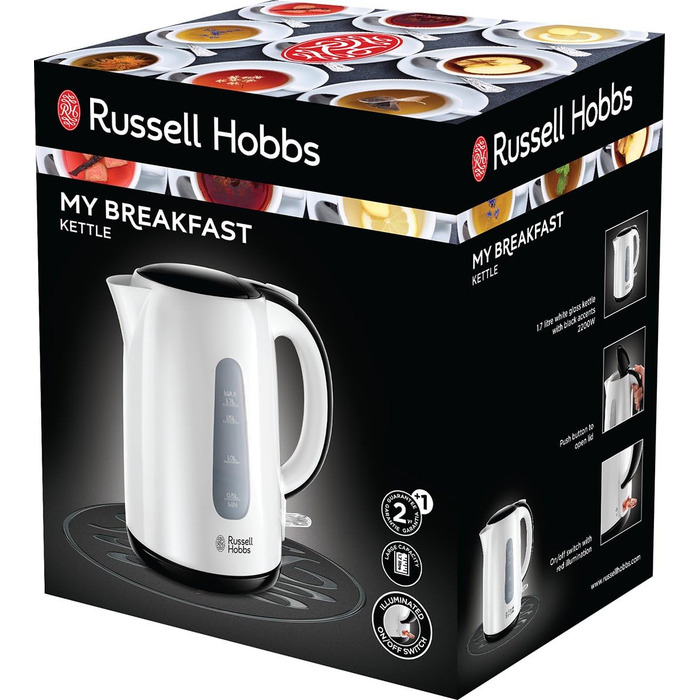 Чайник Russell Hobbs 1,7 л, 2200 Вт Мій сніданок (прихований нагрівальний елемент, знімний фільтр від накипу, автоматична зупинка приготування, зовнішній індикатор рівня води, автоматичне відкриття кришки)Чайник 25070-70 Чайник одномісний