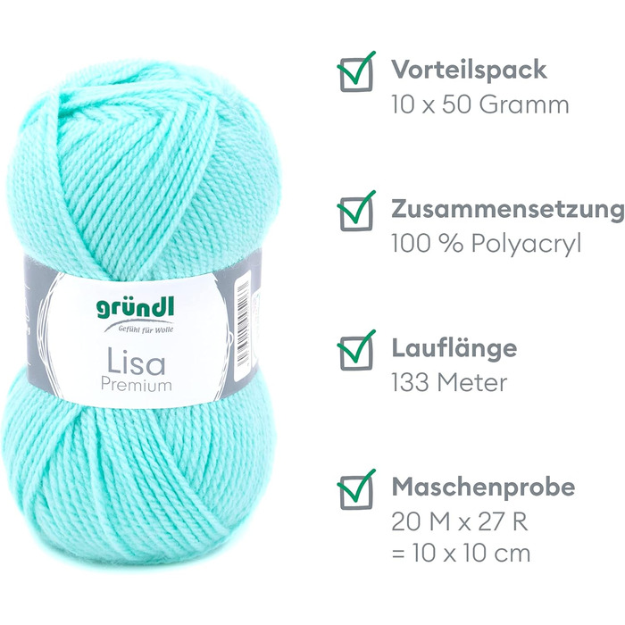 Пряжа Grndl Lisa Premium Uni Knitting & Chet Yarn (м'яка і вовняна пряжа, проста в догляді миється пряжа з 100 поліакрилу, 50 г/ 133 м, розмір голки 3,5 - 4,5, 10 клубків по 50 г кожен), (пастельно-бірюзовий колір)