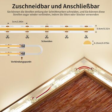 Світлодіодна стрічка COB тепла біла 5 м, світлодіодна стрічка з регулюванням яскравості 24 В 3000 К, світлодіодна стрічка самоклеюча водонепроникна IP44, Світлова стрічка з блоком живлення та контролером для нижньої стільниці, Телевізор Кухня Вітальня Сві