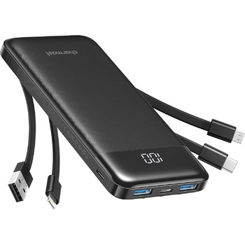 Зовнішній акумулятор USB C Powerbank з 4 вбудованими зарядними кабелями Портативний зарядний пристрій зі світлодіодним дисплеєм Компактний Тонкий 6 виходів Сумісний з планшетом iPhone, Huawei, Samsung Чорний, 10000mAh