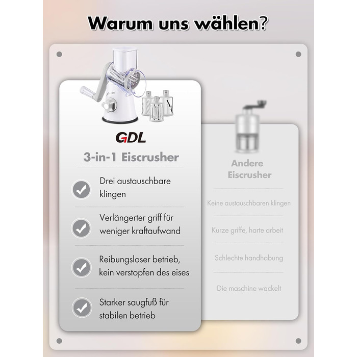 Дробарка для льоду GDL, машина для приготування сладжу з 3 барабанними лезами, ручна дробарка для льоду з кривошипом, безпечна для миття в посудомийній машині та швидкого різання, терка для подрібненого льоду для льоду, сладжу, огірків, моркви, сиру (біло