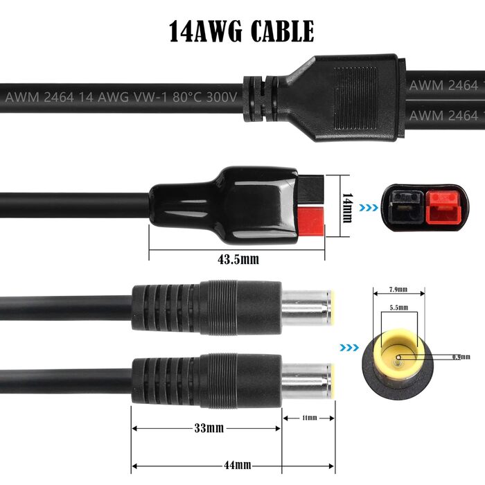 Штекер до DC7909 Y Кабель-розгалужувач 14AWG 45A штекер до DC 8 мм подвійний штекер для портативних зарядних станцій, сонячних панелей, фургонів тощо (2 фути), 45A