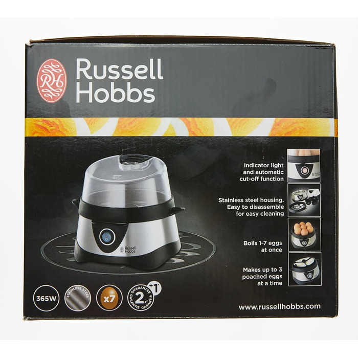 Яйцеварка Russell Hobbs переможець тесту, 1-7 варених або 3 яйця на пару до точки Нержавіюча сталь (включаючи вставку для пароварки, автоматичне вимкнення, сигнальний сигнал, без бісфенолу А, мірний стакан) 14048-56