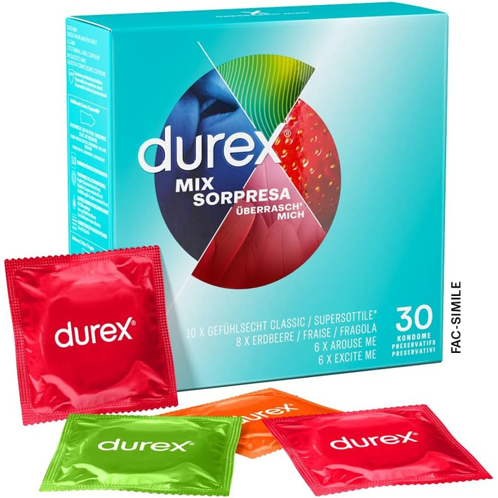 Суміш презервативів Durex Surprise Me Змішайте з 4 різними типами презервативів на пробу 30 упаковок (1 x 30 шт. ) 30 шт. (1 упаковка)