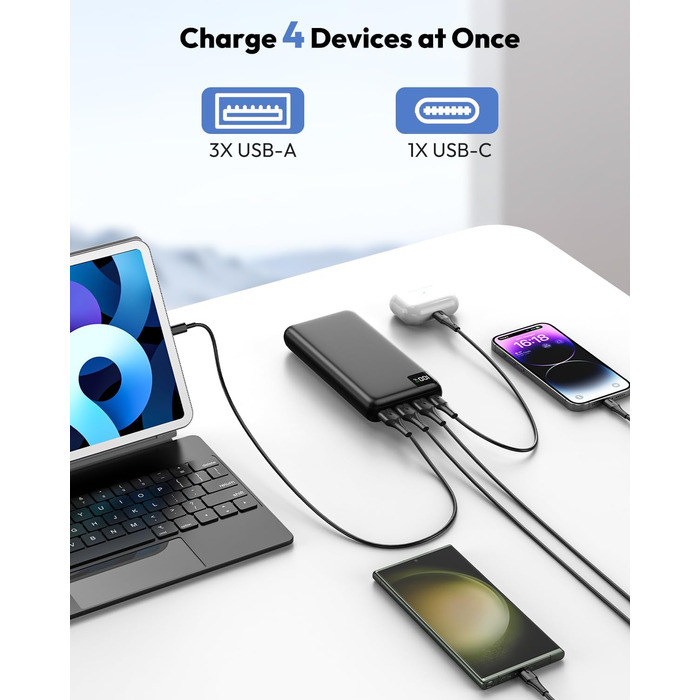 Зовнішній акумулятор Power Bank 27000mAh - SOARAISE 22,5W Powerbank PD USB C портативний зарядний пристрій з 4 виходами та світлодіодним дисплеєм для мобільного телефону, планшета чорний