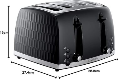 Тостер Russell Hobbs 26071 на 4 скибочки, сучасний дизайн у вигляді сот, з надзвичайно широкими отворами та функцією високого підйому, чорний чорний тостер на 4 скибочки