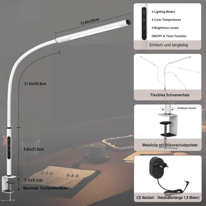 Настільна світлодіодна лампа для захисту очей EYOCEAN, лампа з затиском гусячої шиї, регульоване затемнення та колірна температура, офісна настільна лампа, лампа з затискачем з функцією пам'яті та функцією таймера, 12 Вт, біла