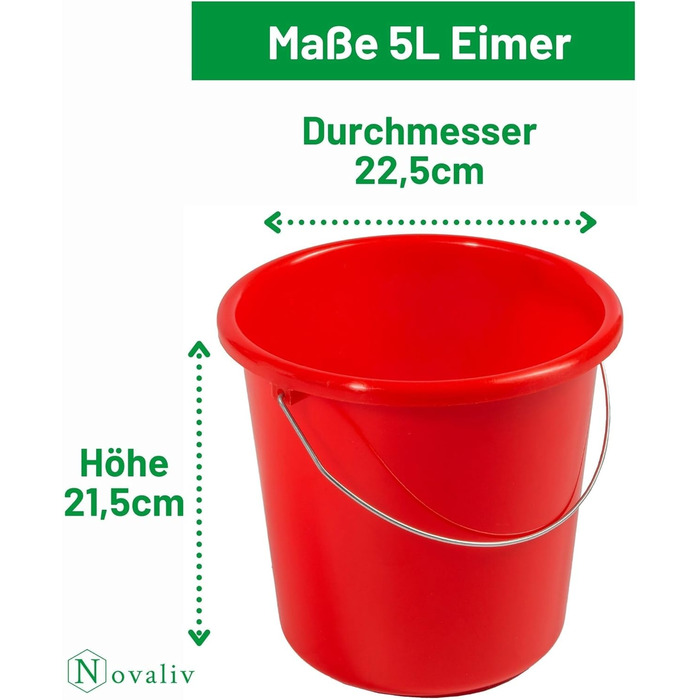 Відро 5 л червоне зі шкалою - Відро для прибирання 5 л 22,5 см Практичне універсальне відро зі шкалою для дому та саду ідеально підходить як господарське відро, відро для води, відро для швабри, відро 4 5 літрів червоне, 4 шт.