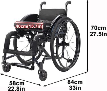 Спортивні інвалідні візки, складна транспортна інвалідна візка, легка алюмінієва портативна опора для інвалідних візків, для людей з обмеженою рухливістю, інвалідів та людей похилого віку (розмір ширина сидіння 40 см, колір чорний ширина сидіння 40 см чор