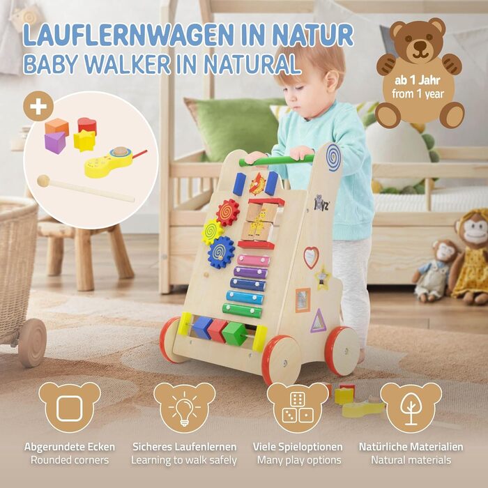 Ходунки Joyz Baby Walker Wood, натуральні, багатофункціональні ходунки для дітей від 1 року, Безкоштовні, дерев'яна іграшка Монтессорі з 6 активностями, Допоміжний засіб для ходьби з гумовими шинами, Ігровий та прогулянковий візок