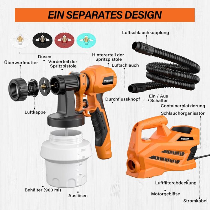Електрична система розпилення фарби ZORUMAN 800 Вт, розпилювач фарби 2х800 мл з 4 соплами, 3 схемами розпилення та повітряним шлангом довжиною 2 м, макс. 1100 мл/хв, система розпилення фарби настінна для лакових фарб, глазурі, фарб для стін