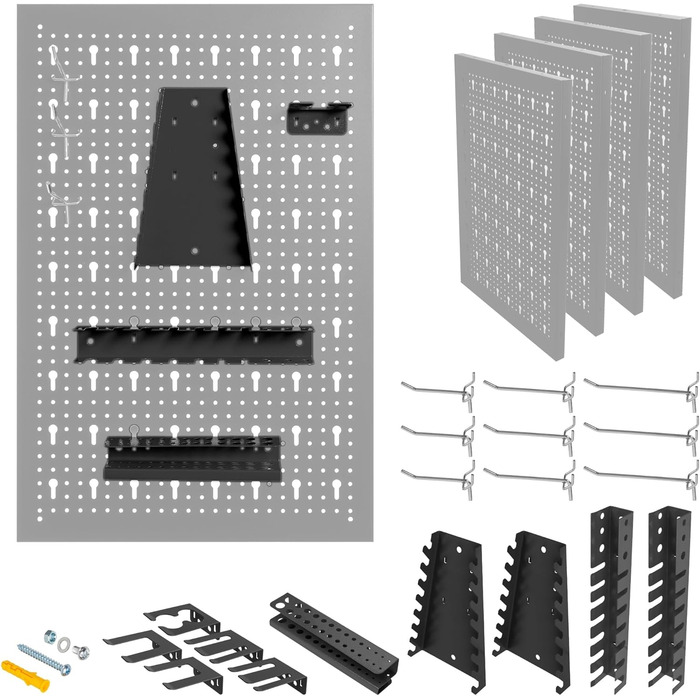 МЕТАЛЕВІ МЕБЛІ Інструмент настінний металевий 160x60x2 см, 4 перфоровані пластини 40x60x2 см, гачки та кронштейни, перфорована стінова майстерня, інструментальна стінка металева перфорована стіна, аксесуари для майстерні, перфорована стіна офіс -HPTH001