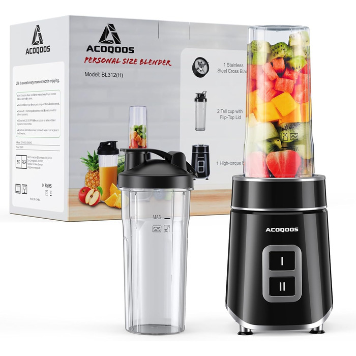 Смузі-машина ACOQOOS Blender, міксер для піску потужністю 500 Вт, включаючи 2 шт. блендер-глечик 600 мл (без бісфенолу А, посудомийна машина), смузі-машина для приготування коктейлів, смузі та дитячого харчування