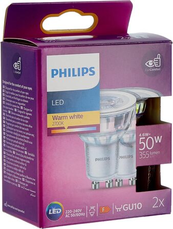 Лампи Philips LED Classic GU10 Warm Glow (50 Вт), світлодіодні плями з рефлектором із регулюванням яскравості та теплим білим світлом, енергозберігаючі лампи з тривалим терміном служби (50 Вт, 2 упаковки, без регулювання яскравості)