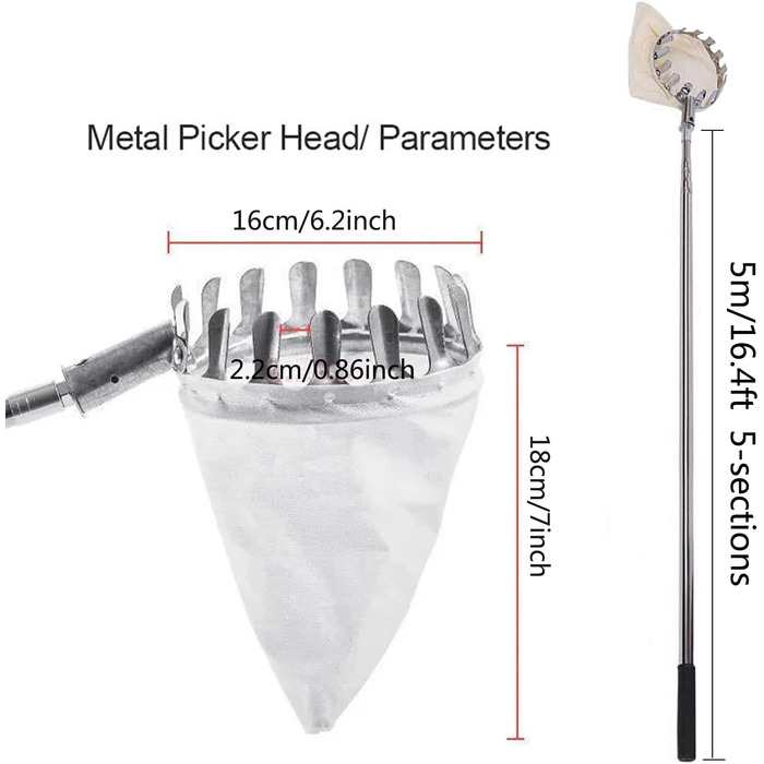 Плодозбиральна машина, 8 футів/5 м з легкою телескопічною жердиною з нержавіючої сталі, портативний пристрій для збору плодів Плодозбиральна машина на великій висоті для збору яблук, груш, манго, апельсинів і т.д.