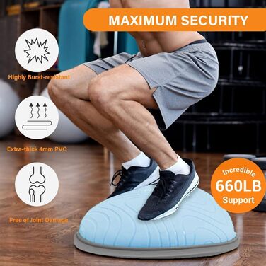 До 300 кг Loadable, Gymnastics Half Ball Hemisphere Balance Trainer з еспандером і насосом для ніг для фітнесу, стабільності, основних тренувань 47 см-синій