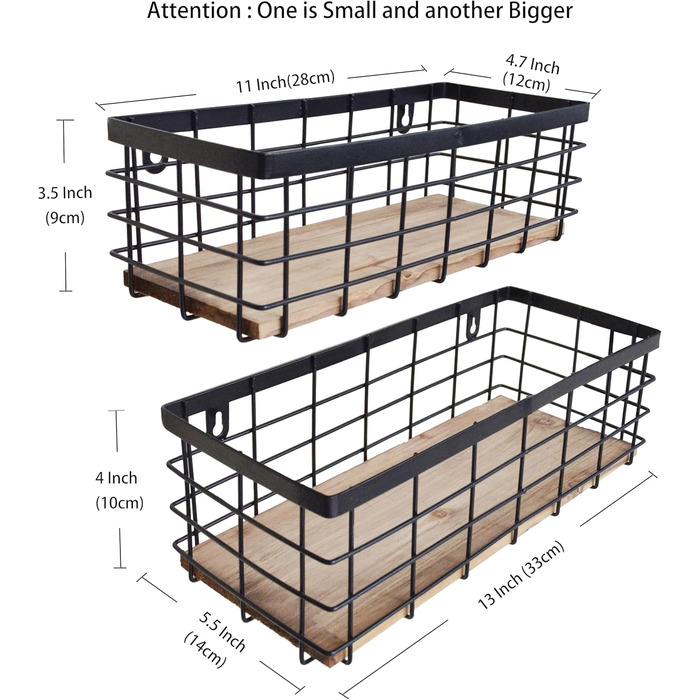 Кошик з металевого дроту ShabbyDecor, знімна дерев'яна основа, органайзер для зберігання кухонних шаф, ванна кімната, комора, пральня, шафи, 2 шт. и, чорний