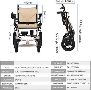 Електричне інвалідне крісло HEWXWX Легке крісло колісне - складне (14 кг), подвійна система керування/час автономної роботи 12 миль, підходить для людей похилого віку та інвалідів