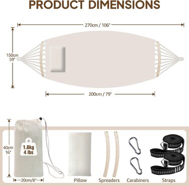 Бавовняний гамак Chihee Великий, м'який, дихаючий кемпінговий гамак вміщує до 300 кг портативний гамак на дереві зі знімною подушкою з розширювачем 2 міцні ремені для стрічок 2 гачки Natural White