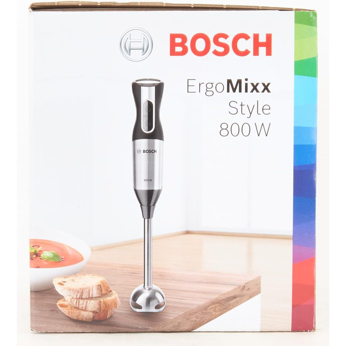 Ручний блендер Bosch ErgoMixx Style MS6CM4150, ніжка блендера з нержавіючої сталі, чашка для змішування та вимірювання, віночок, 4-лезовий ніж, ергономічний дизайн, 12 рівнів плюс турбо, 800 Вт, L-подрібнювач з нержавіючої сталі 500 мл